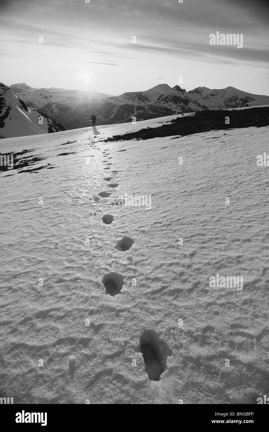 L'empreinte du randonneur traversant snow patch sur Rapadalen versant de montagne dans le Parc National de Sarek en Laponie suédoise au-dessus du cercle arctique Banque D'Images