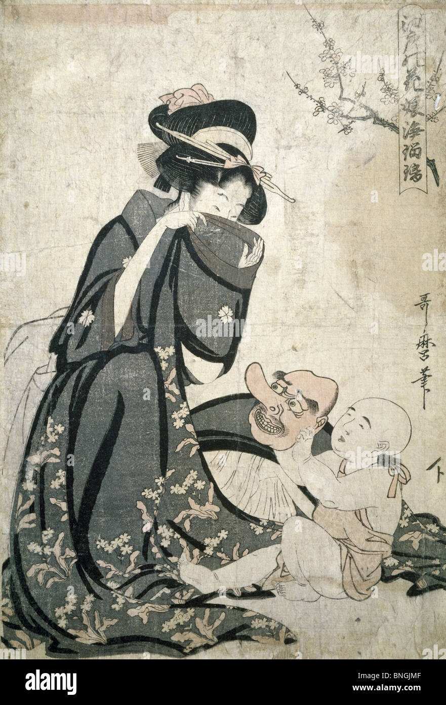 Femme en kimono japonais, gravure sur bois Banque D'Images