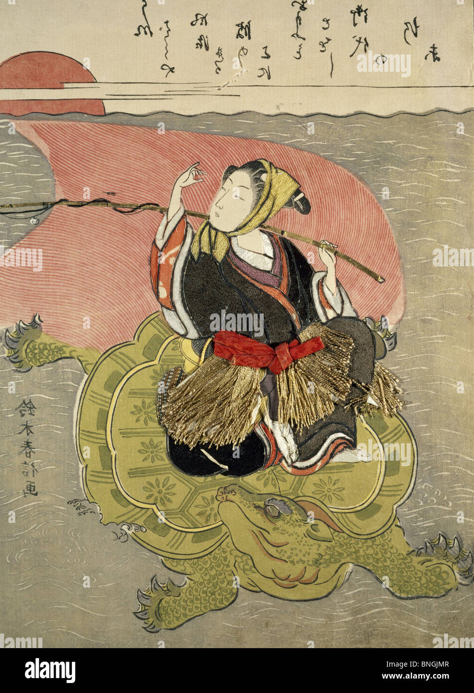 Woman Riding Turtle, gravure sur bois japonaise Banque D'Images