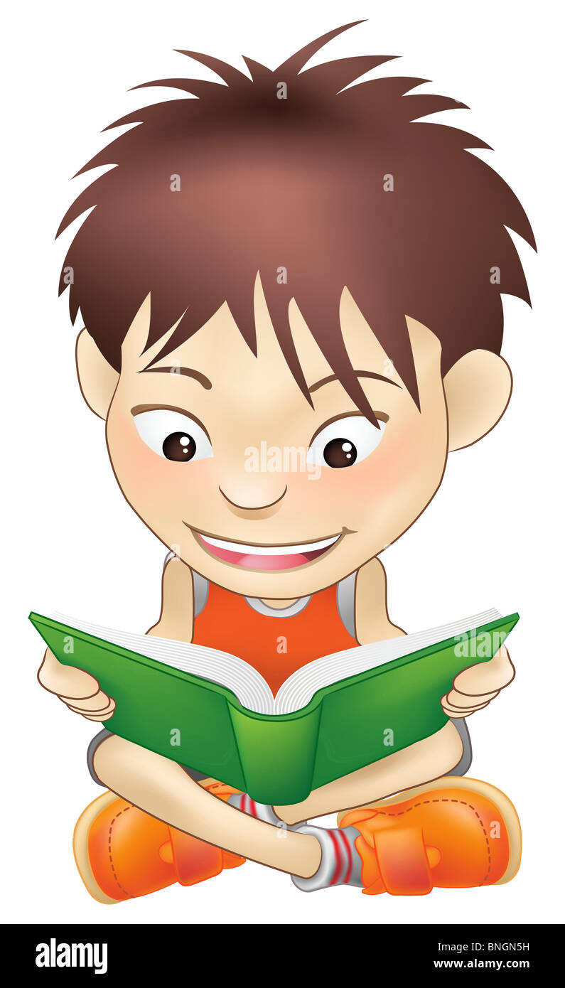 Illustration d'une white boy reading a book Banque D'Images