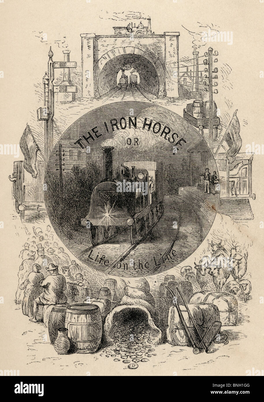 Page de titre pour le cheval de fer ou la vie sur la ligne par R.M. Ballantyne publié en 1884. Banque D'Images