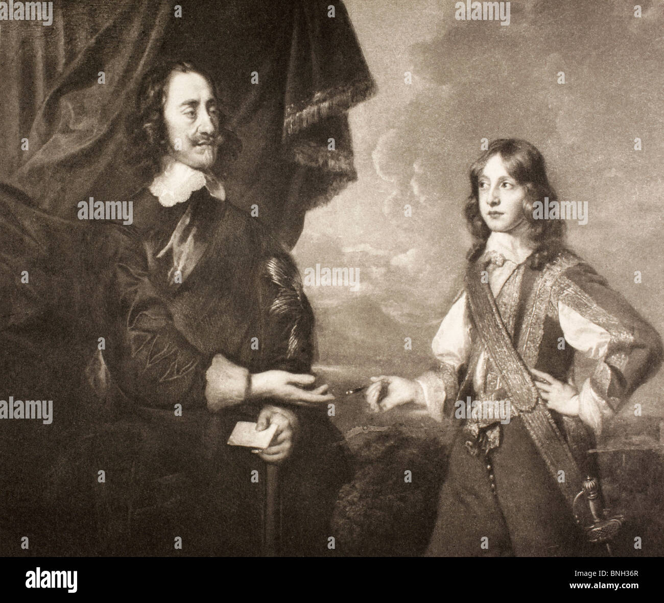 Le roi Charles I et son fils James, duc d'York. Après une peinture de Vandyck a. Banque D'Images
