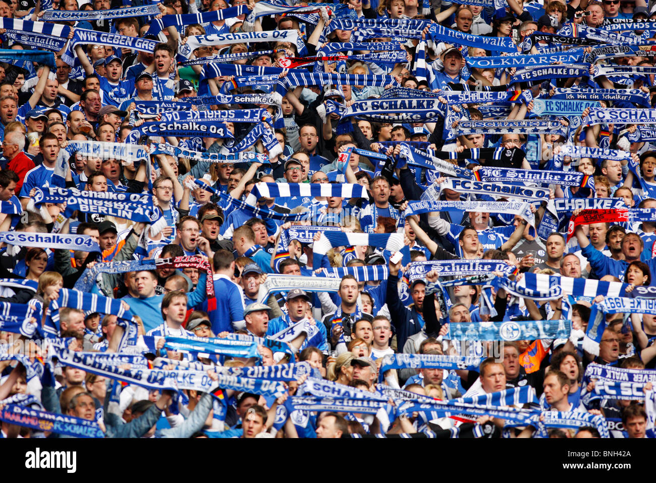 Le football, le soccer, le partisan de la major league football club allemand Schalke 04, dans la Veltins Arena Stadium. Banque D'Images