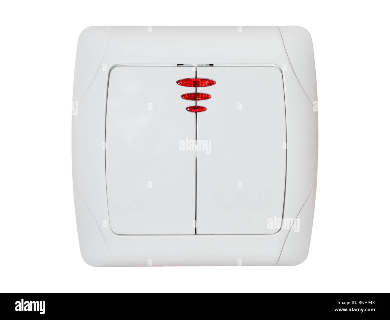 Interrupteur d'éclairage double avec feux rouge isolé sur fond blanc Banque D'Images