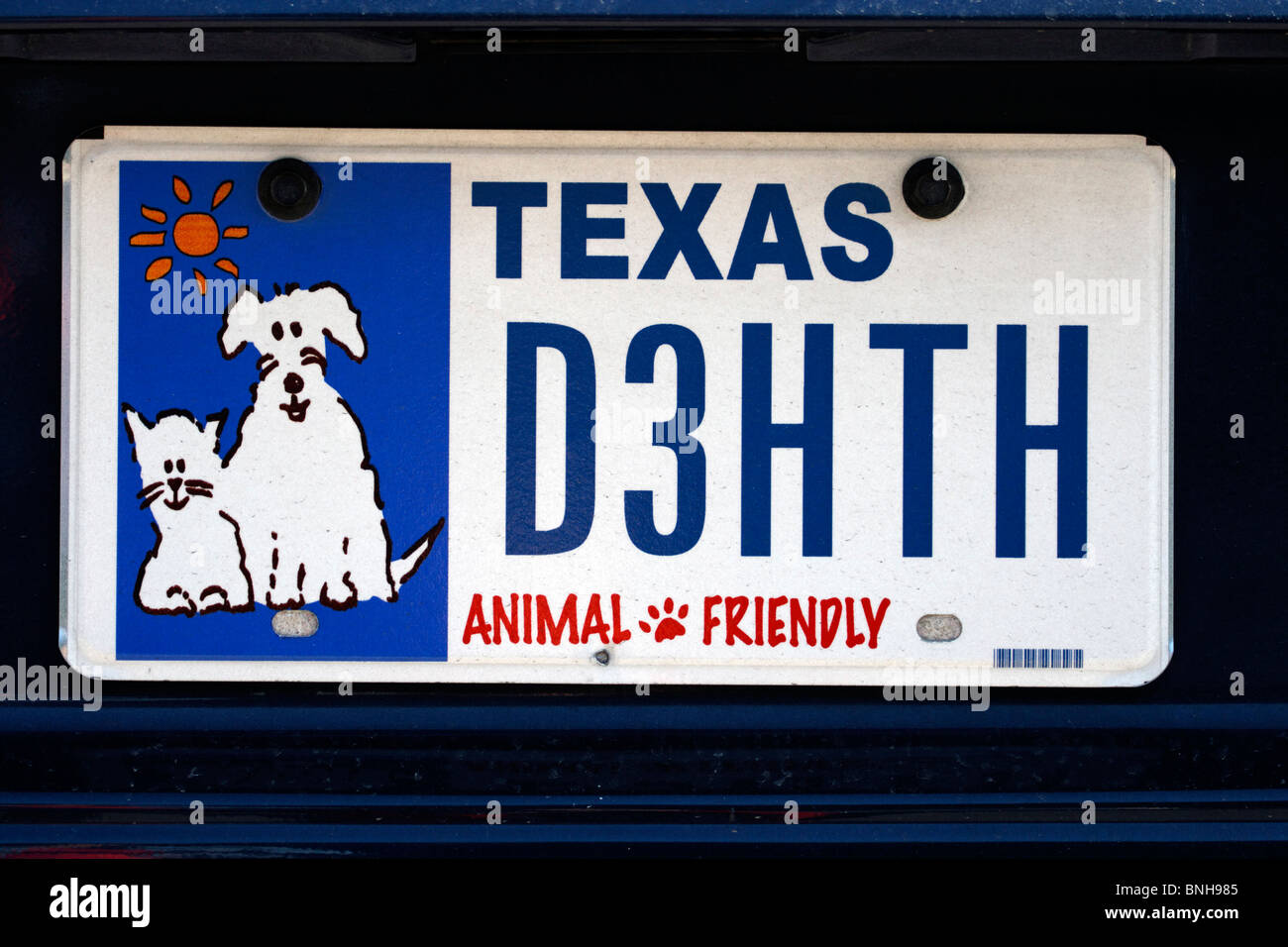 Texas animal friendly amoureux des animaux de la plaque d'inscription voiture USA États-Unis d'Amérique Banque D'Images