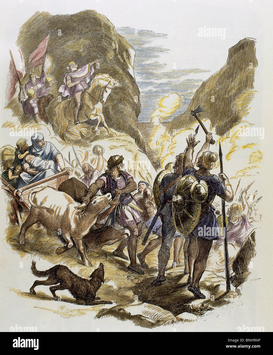 Les invasions germaniques. Les Goths traversent les Alpes. Gravure en couleur. Banque D'Images