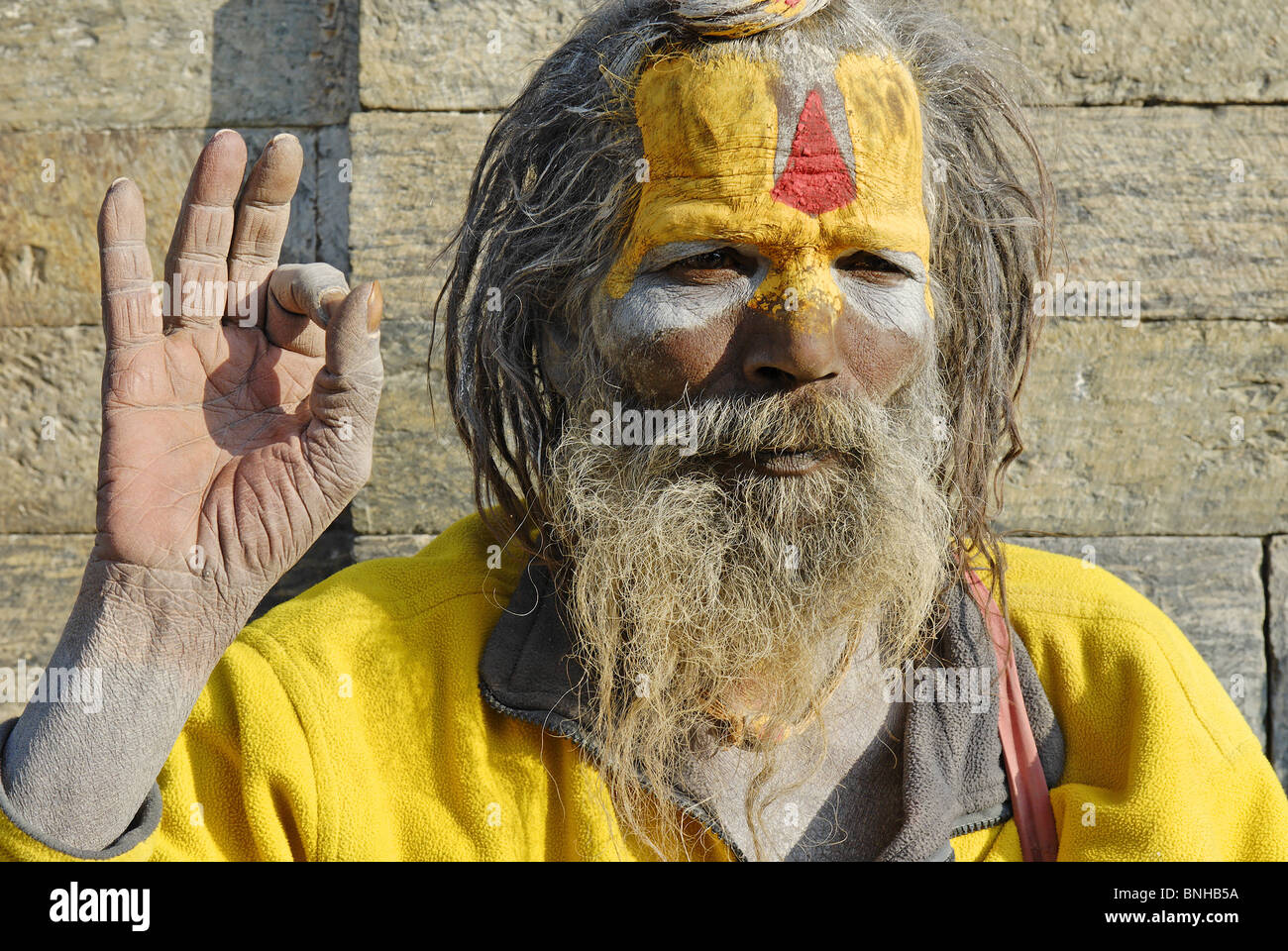 Sadhu saint homme Himalaya Népal Katmandou Pashupatinath ascétisme asiatique asie moustaches barbe ascetically ascétique visage peint Banque D'Images