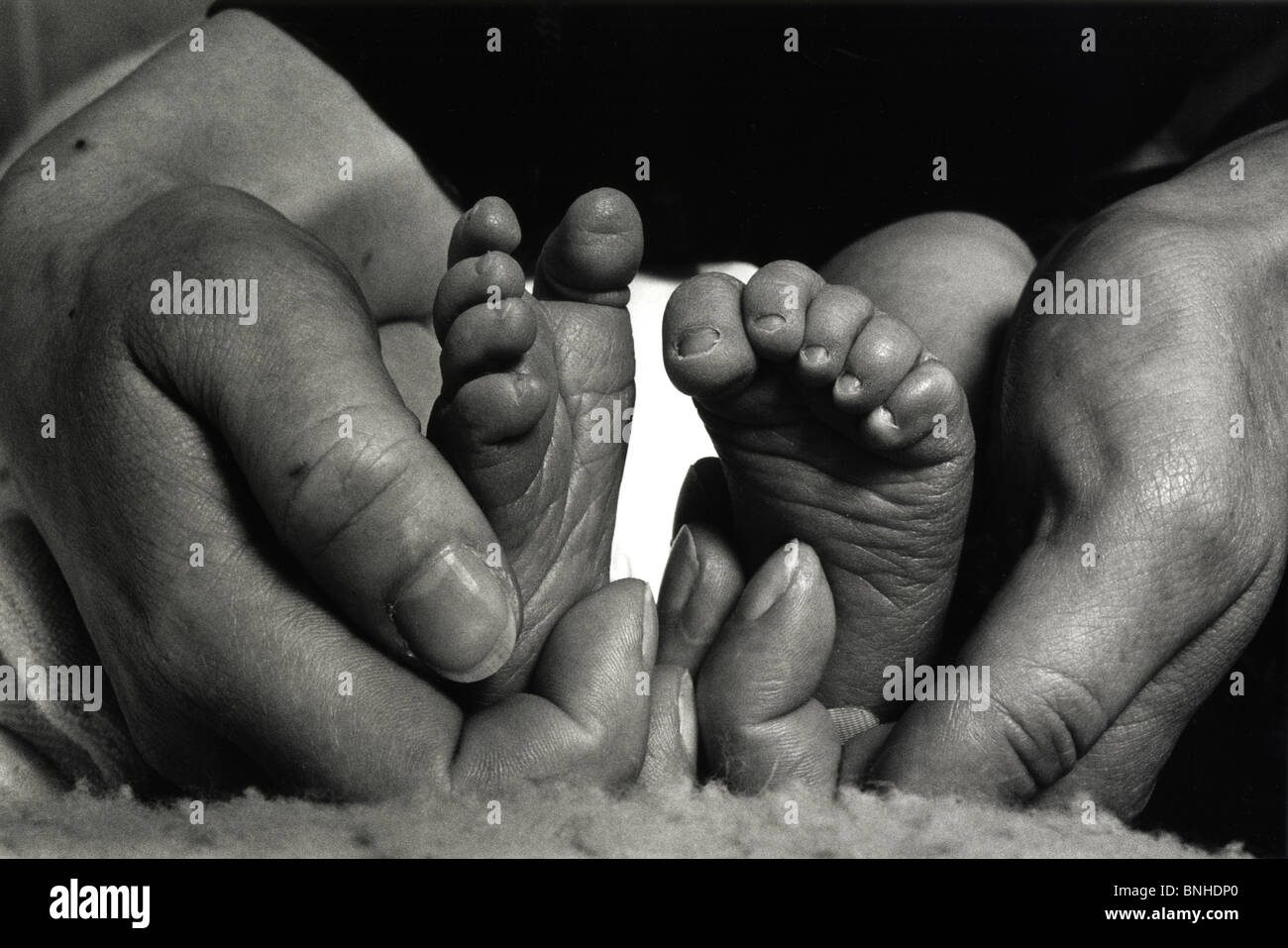 Une Nouvelle Mere Berceaux Son Nouveau Ne Bebe Petits Pieds Dans Ses Mains A Soweto Johannesburg Afrique Du Sud Photo Stock Alamy