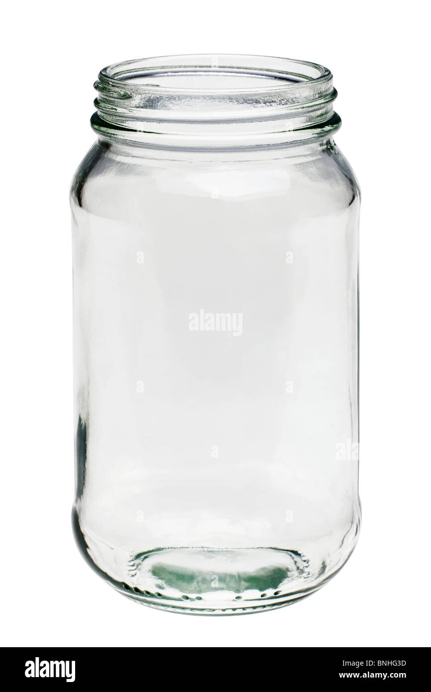 Photo d'un pot en verre vide isolé sur fond blanc Banque D'Images
