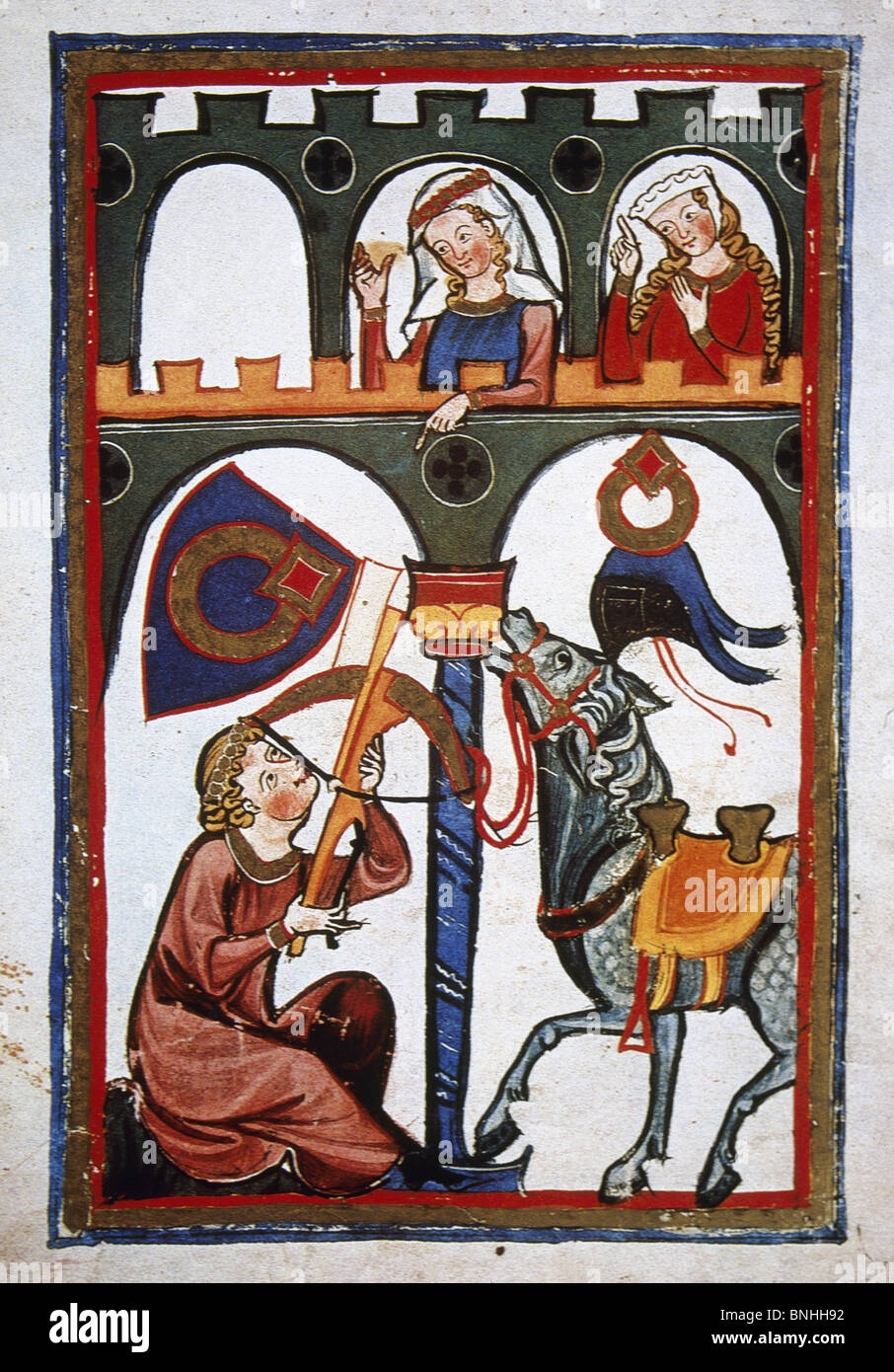 Rubin, tyrolienne de ministérielle 12ème siècle, dans un château de l'envoi d'un message à ses proches avec une arbalète. Le Codex Manesse. Banque D'Images