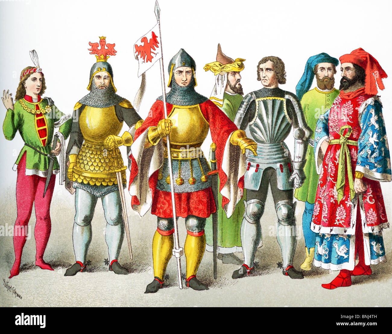 Les chiffres représentent des Allemands de l'an 1400-1450. Ils sont : noble, deux chevaliers, noble, chevalier, seigneur de deux. Banque D'Images