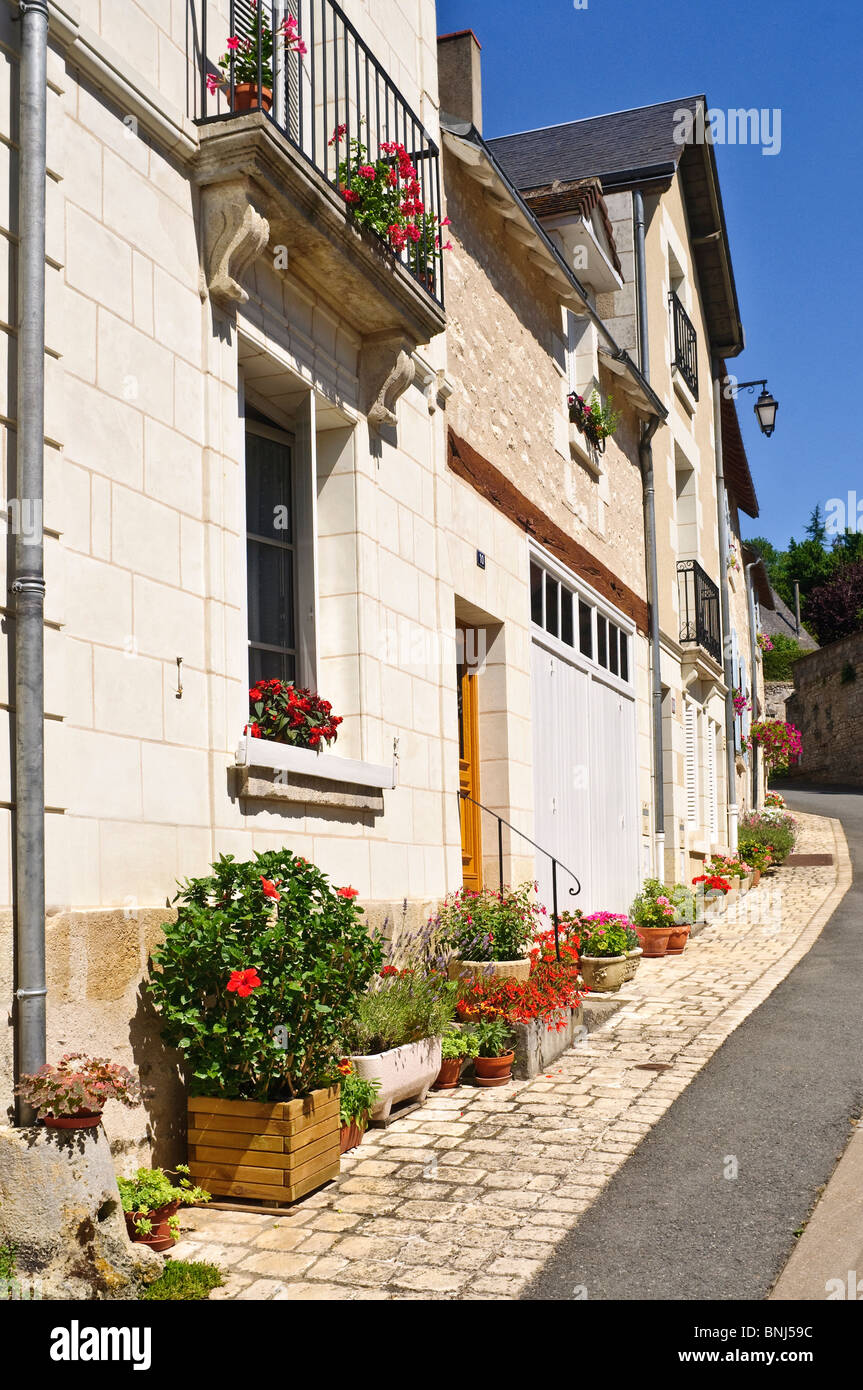 Des jardinières à l'extérieur de rangée de maisons en pierre rénovée - France. Banque D'Images