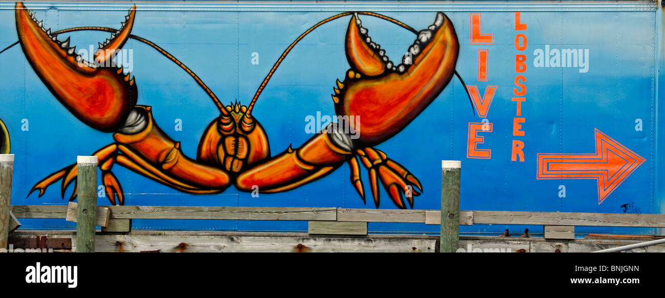 Port de la côte du Maine New England USA Clyde village de pêcheurs de l'Océan Atlantique port quai des pêcheurs de homard lobster boats sign Banque D'Images