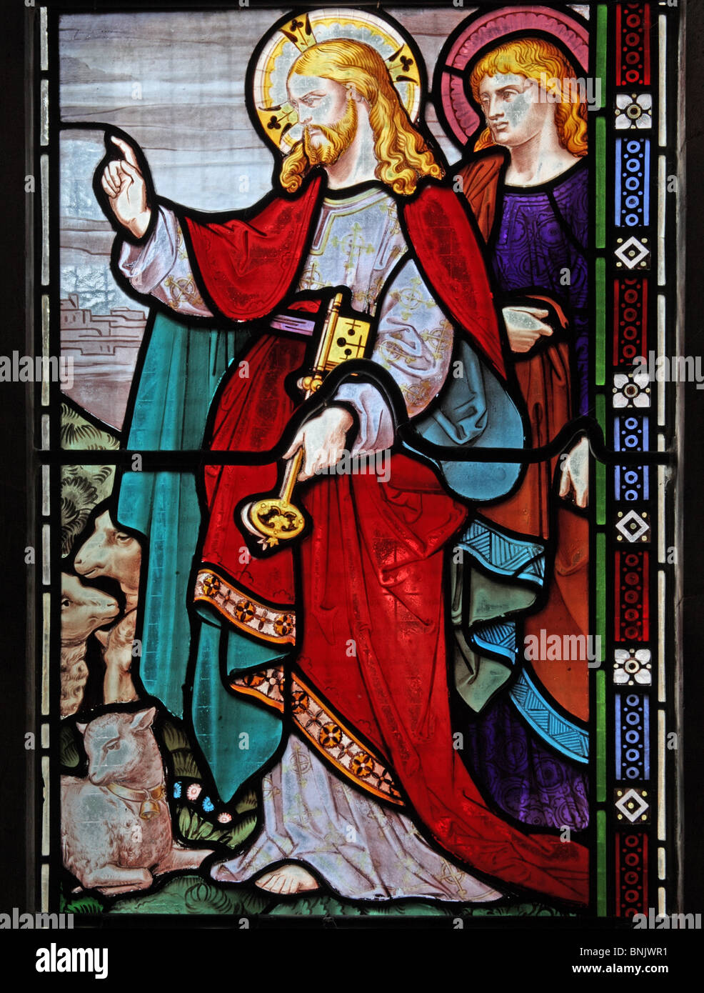 Une vitrail de Frank Holt de Warwick représentant Jésus, Eglise de St Laurence, Lighthorne, Warwickshire, Angleterre. Frais pour Saint Peter. Banque D'Images