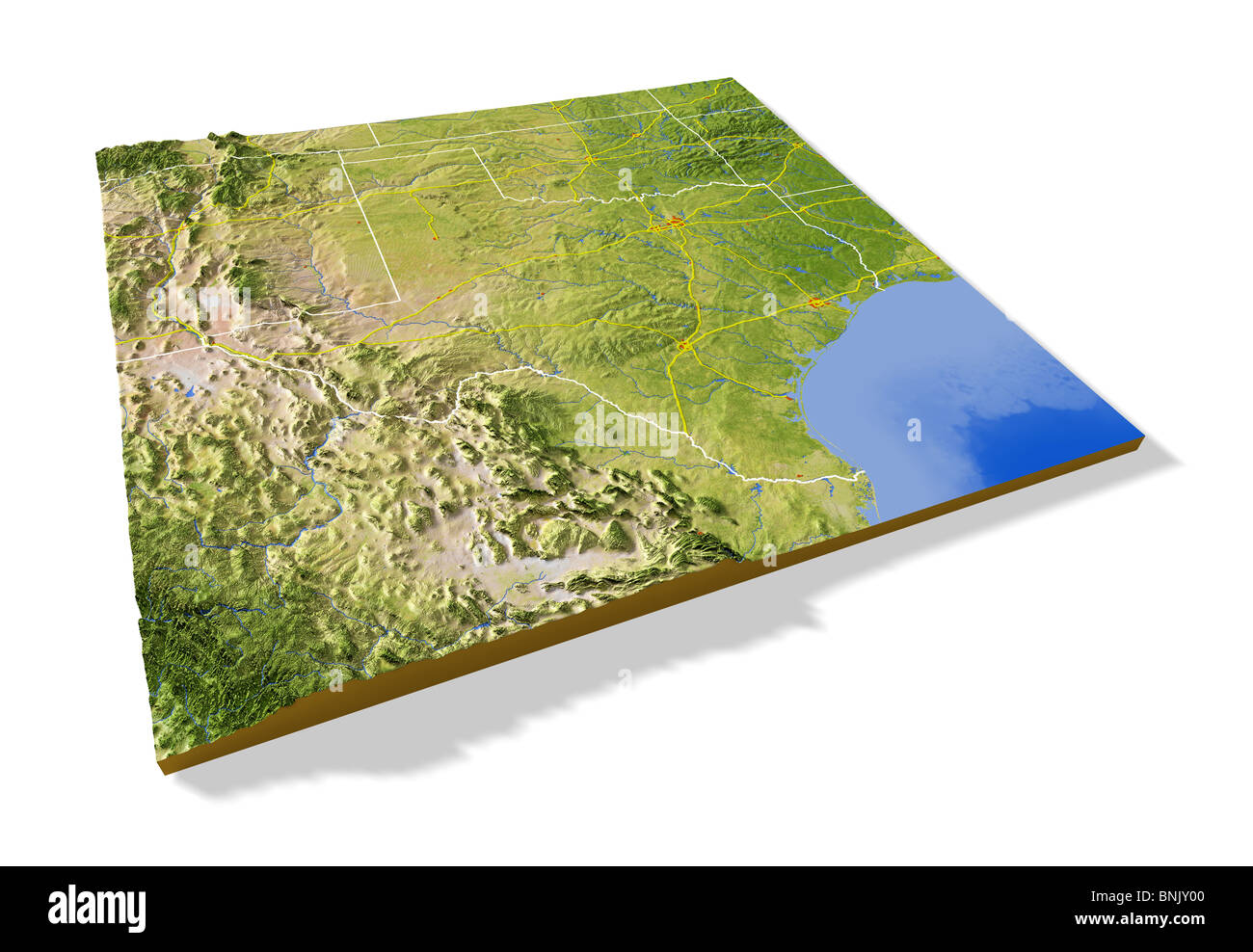 Texas, carte en relief 3D avec les zones urbaines, les autoroutes et les frontières. Banque D'Images