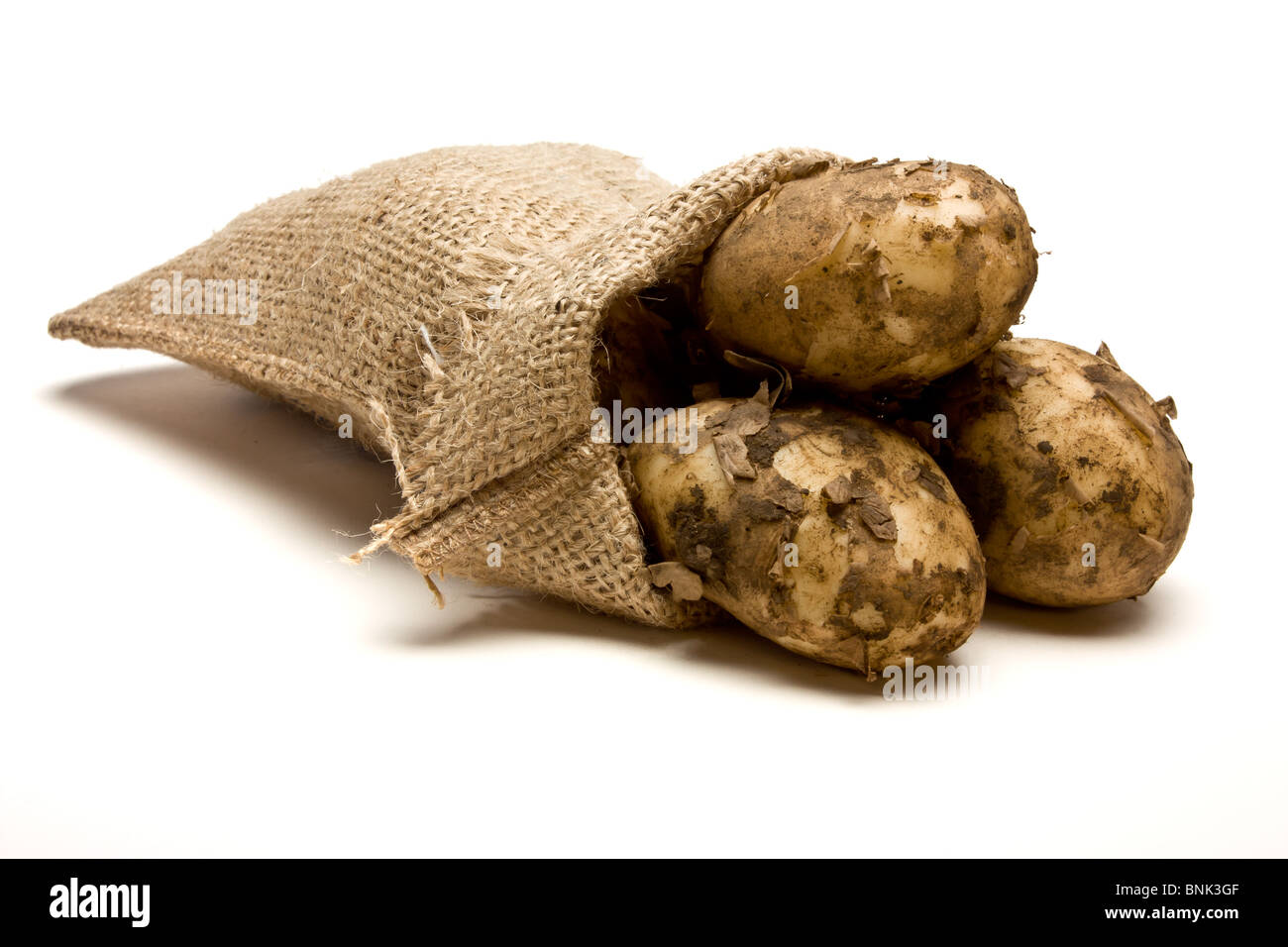 Sac de pommes de terre nouvelles à partir de la perspective peu isolés contre fond blanc. Banque D'Images