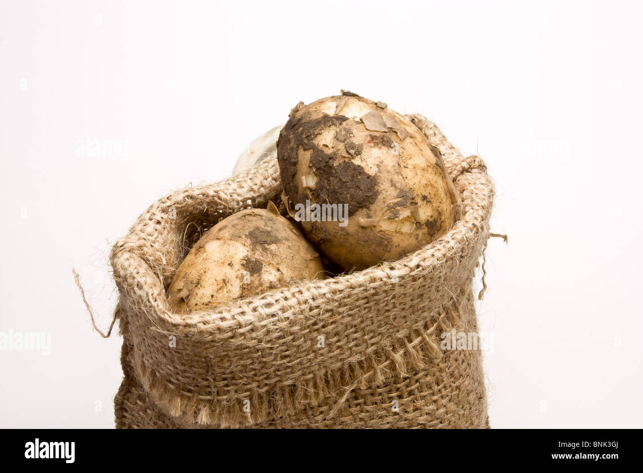Sac de pommes de terre à partir de la nouvelle perspective faible contre isolé sur fond blanc. Banque D'Images