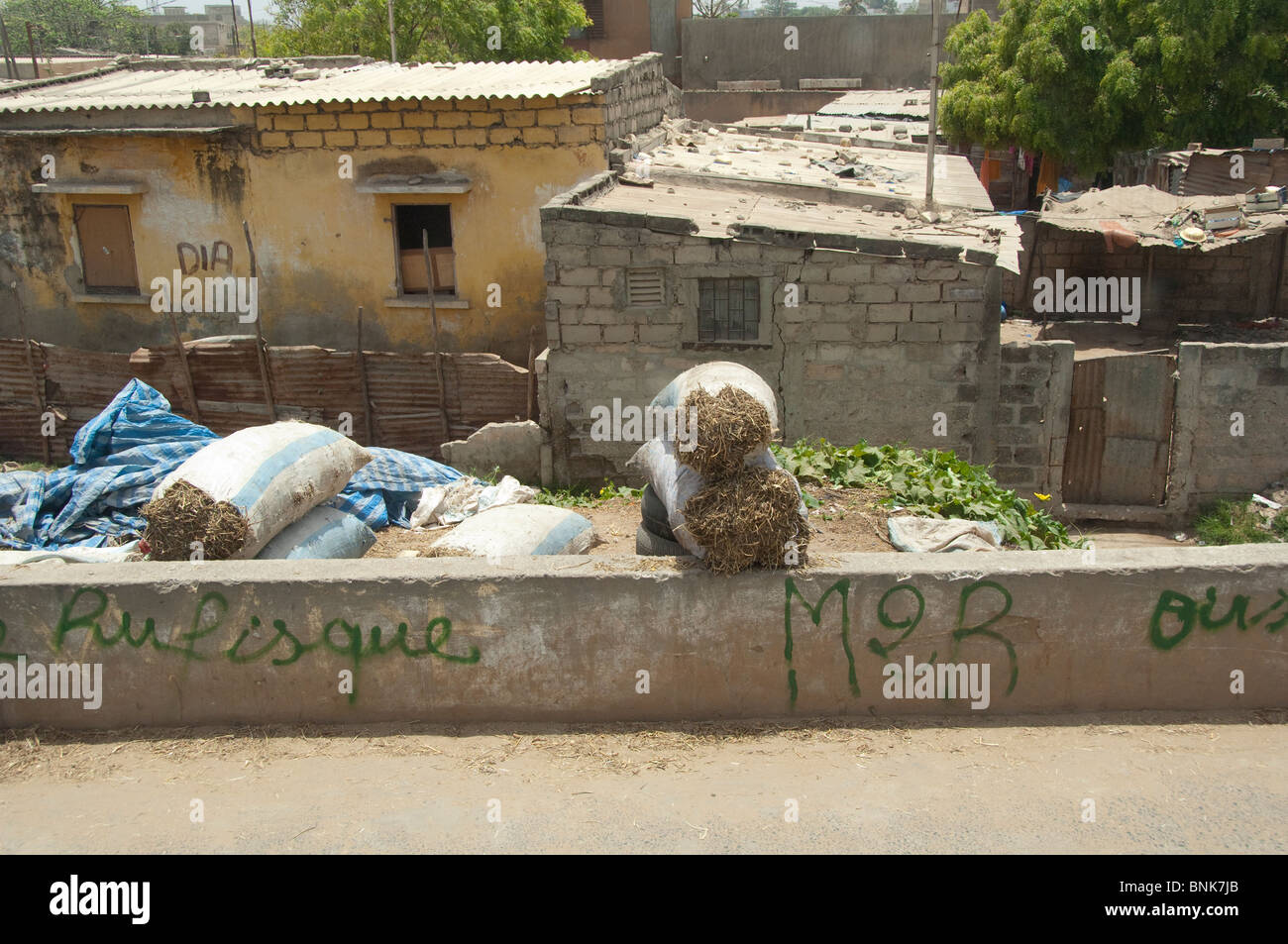 Afrique, Sénégal, Dakar. La ville de Dakar. Foin du bétail vendu en sacs sur le côté de la rue dans quartier typique. Banque D'Images
