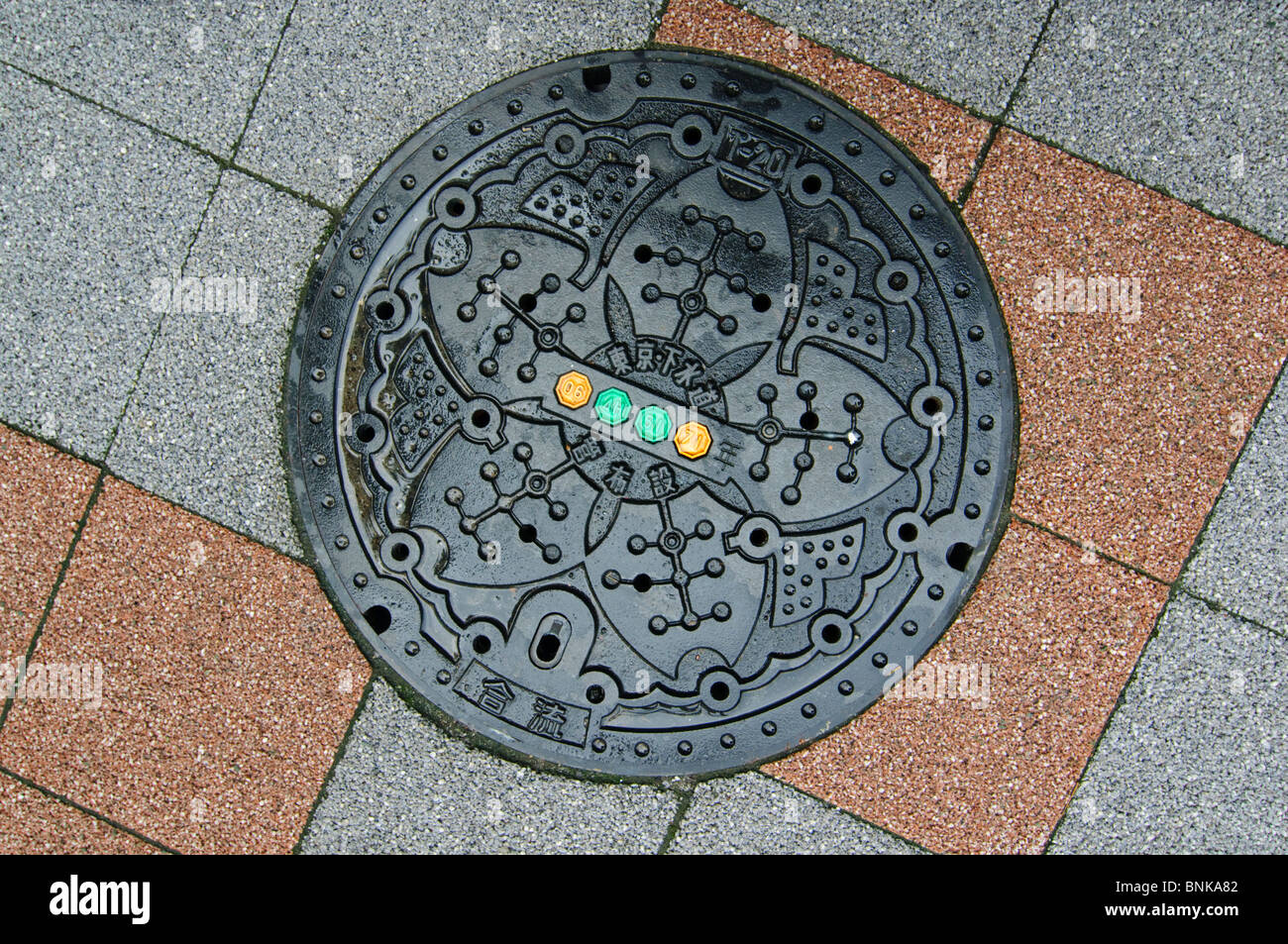 Couvercle de trou d'homme à Tokyo, région du Kanto, l'île de Honshu, Japon Banque D'Images