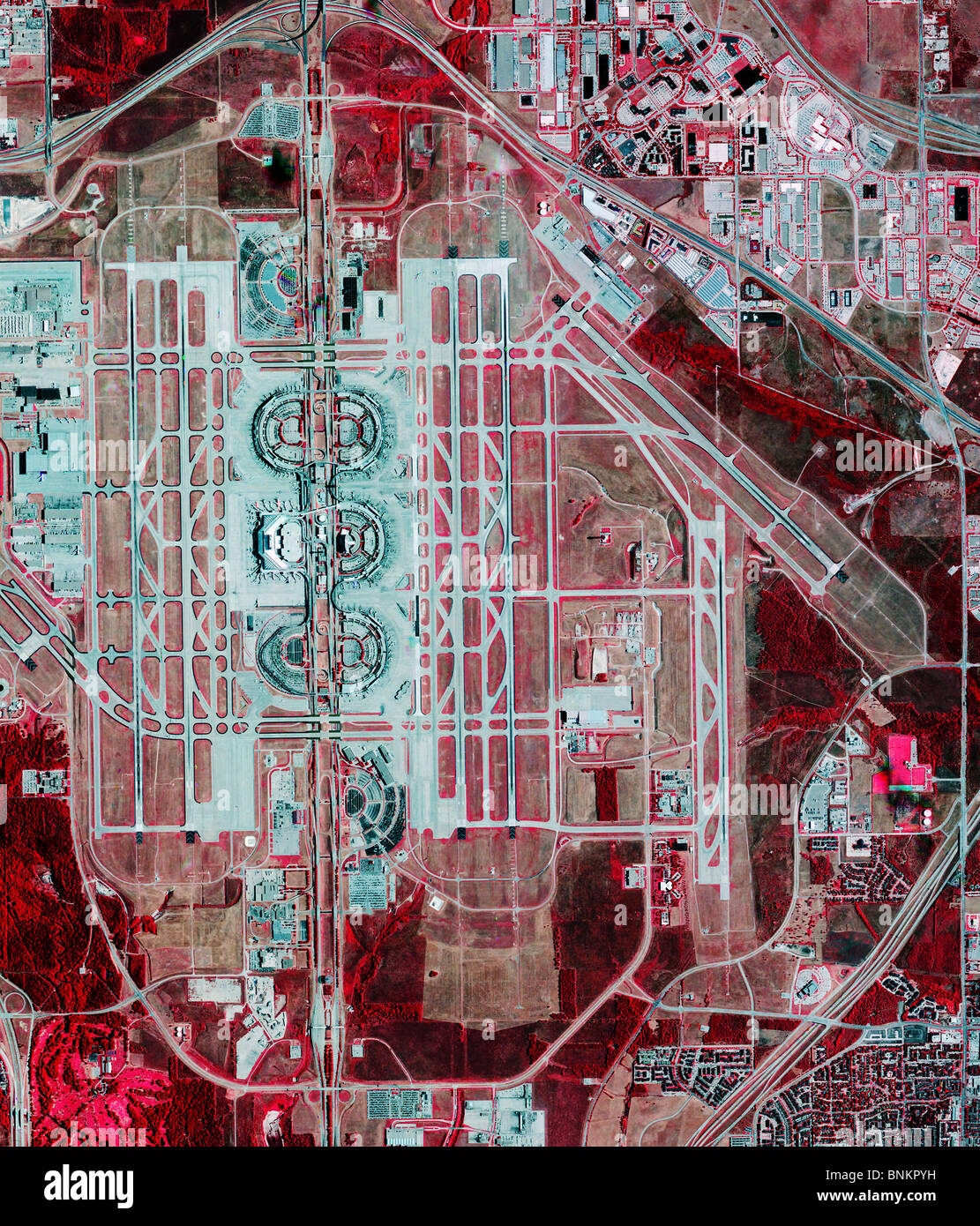 Vue aérienne carte infrarouge Dallas Fort Worth Texas DFW Airport Banque D'Images