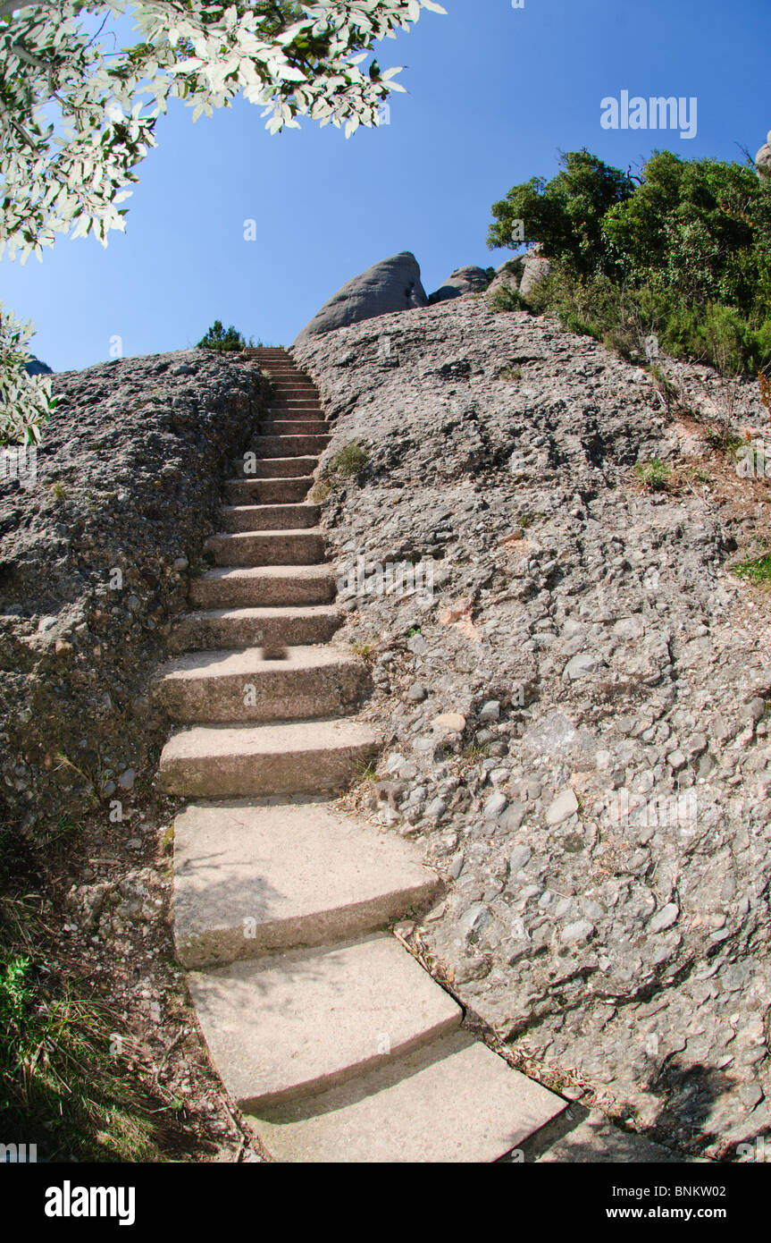 Escaliers sculptés dans un agglomérat de rock en sentier de randonnée en paysage caractéristique de la montagne de Montserrat, en Catalogne, Espagne Banque D'Images
