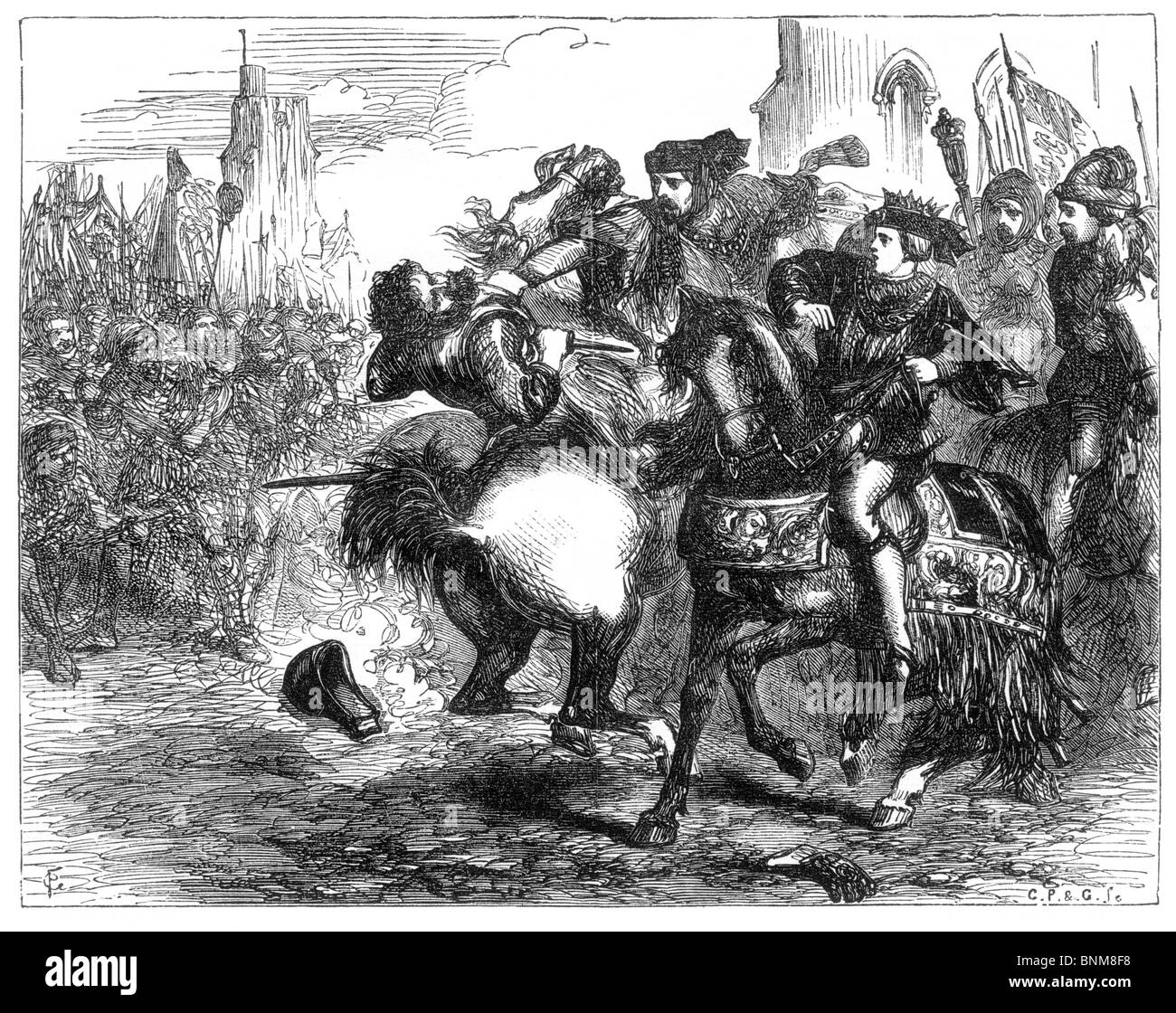 Illustration noir et blanc de la mort de Wat Tyler, révolte des paysans, 15 juin 1381 Banque D'Images