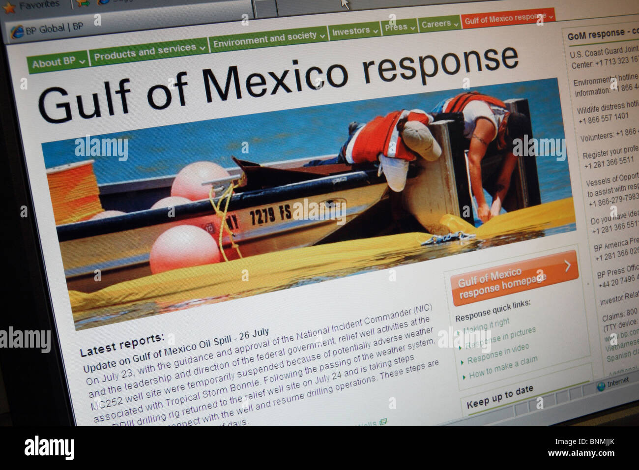 Une capture d'écran d'une page web BP pour le golfe du Mexique après la réponse 2010 marée noire dans le golfe du Mexique. Juillet 2010 Banque D'Images