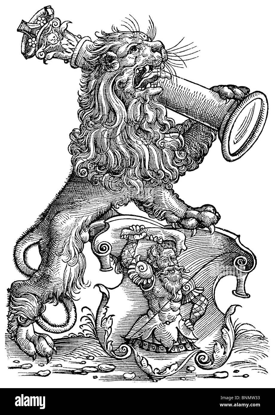 La marque de commerce de l'imprimante Strasbourg Myller en 1537 était un lion avec un pied sur un bouclier, l'autre tenant un pilier Banque D'Images