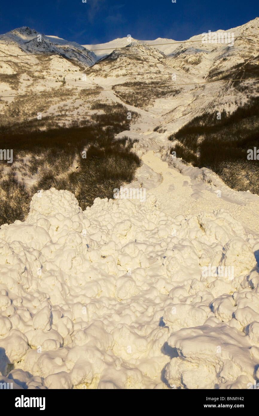 Un qui s'est déroulée sur l'avalanche des voies de chemin de fer de l'Alaska le long de la Seward Highway, Alaska Banque D'Images