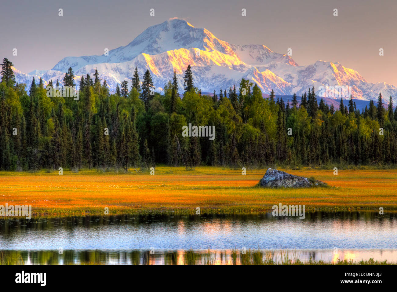 Vue panoramique sur Mt. McKinley au coucher du soleil comme vu du sud de la parc national de Denali en Alaska l'été, image HDR Banque D'Images