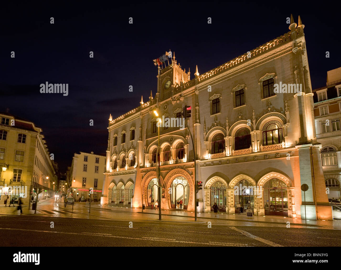 Portugal, Lisbonne la Estacao de Rossio, la gare du Rossio, la nuit Banque D'Images
