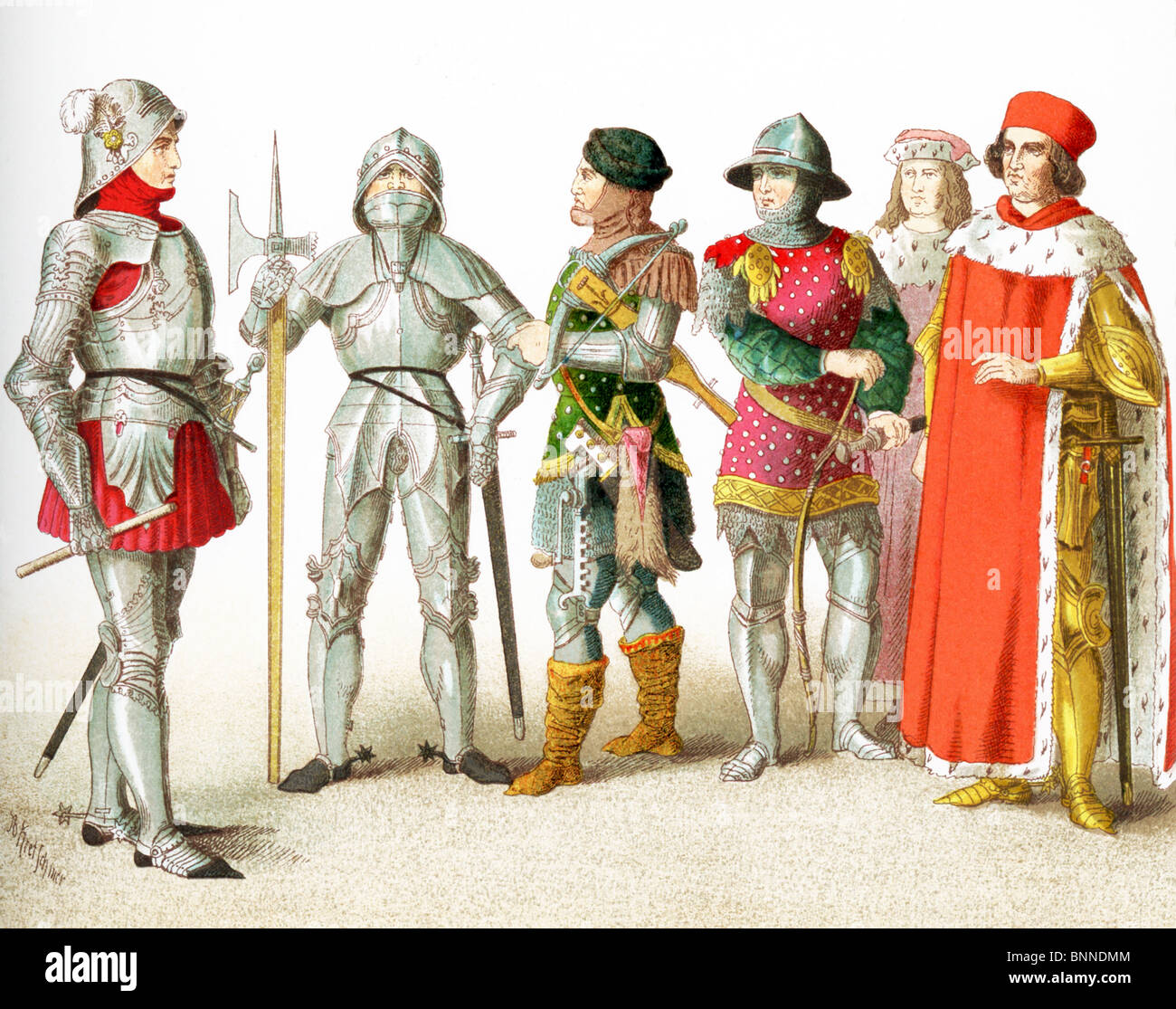 Les chiffres sont Allemands entre A.D. 1450-1500 deux chevaliers, un guerrier avec une arbalète, un archer, et de deux électeurs. Banque D'Images