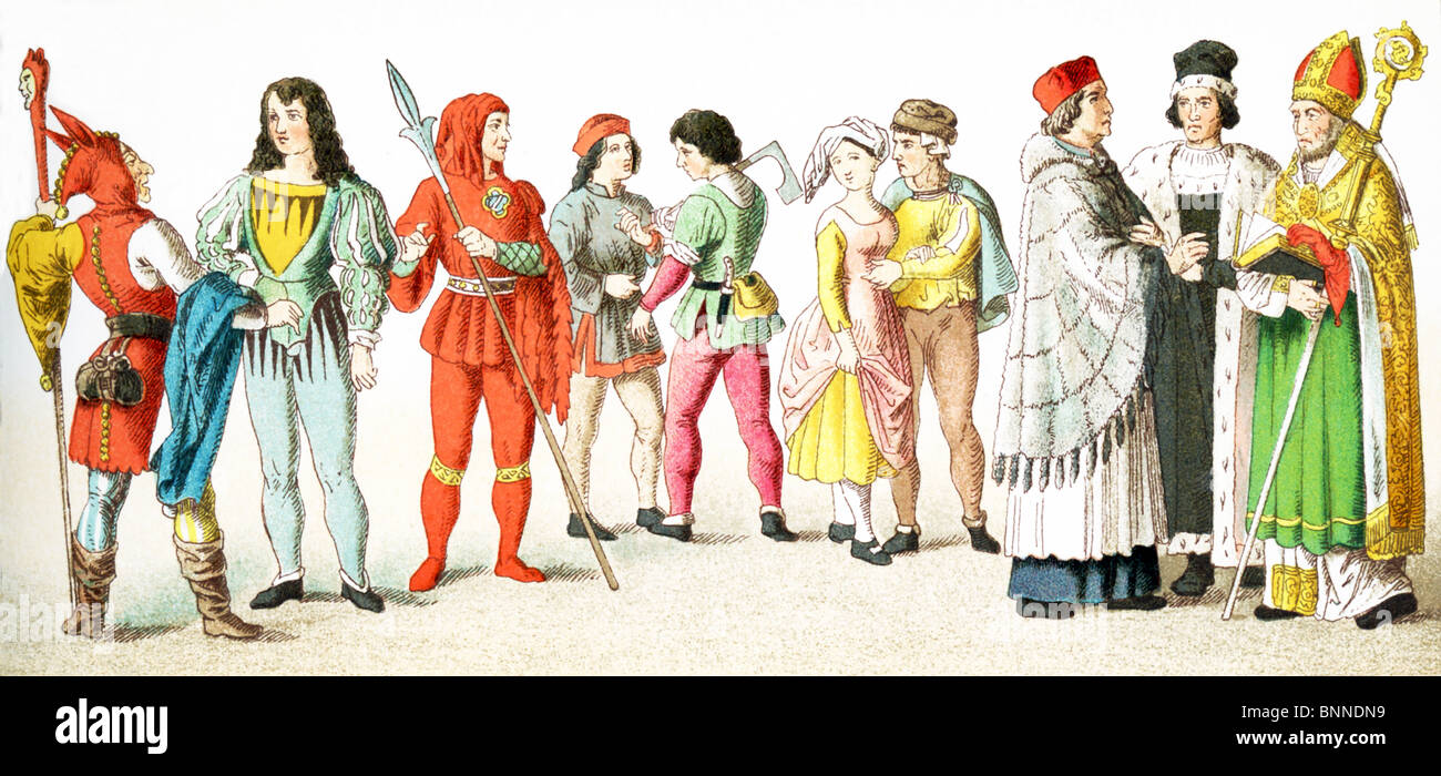 Les Allemands en 1400s : jester, chevalier, bailli, citoyen, femme, homme paysan paysan, menuisier, canon, docteur de l'université, l'évêque Banque D'Images