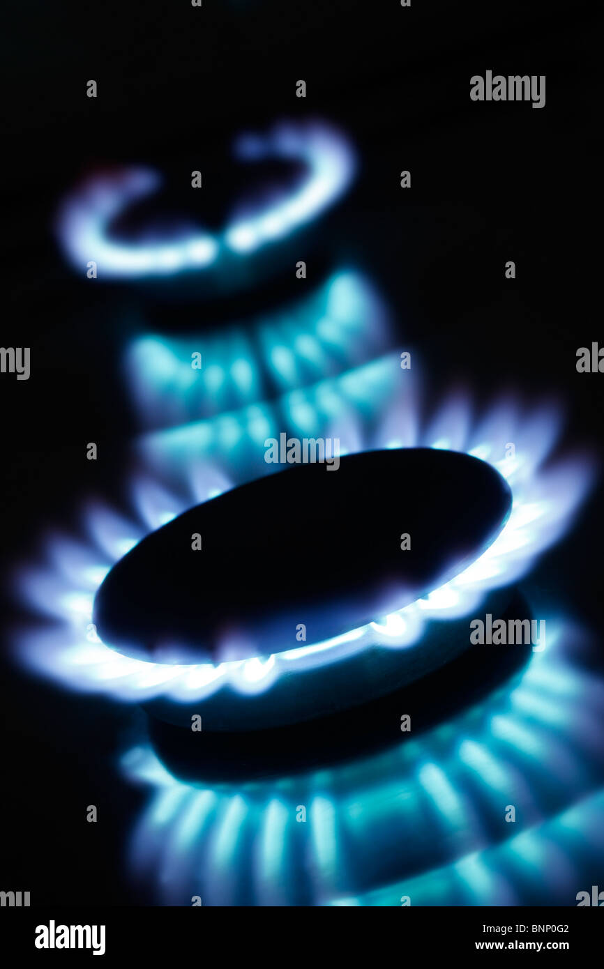 Belle cuisine gaz bleu flammes brûler, avec un arrière-plan sombre. Idéal pour la cuisson et de l'énergie thèmes. Banque D'Images
