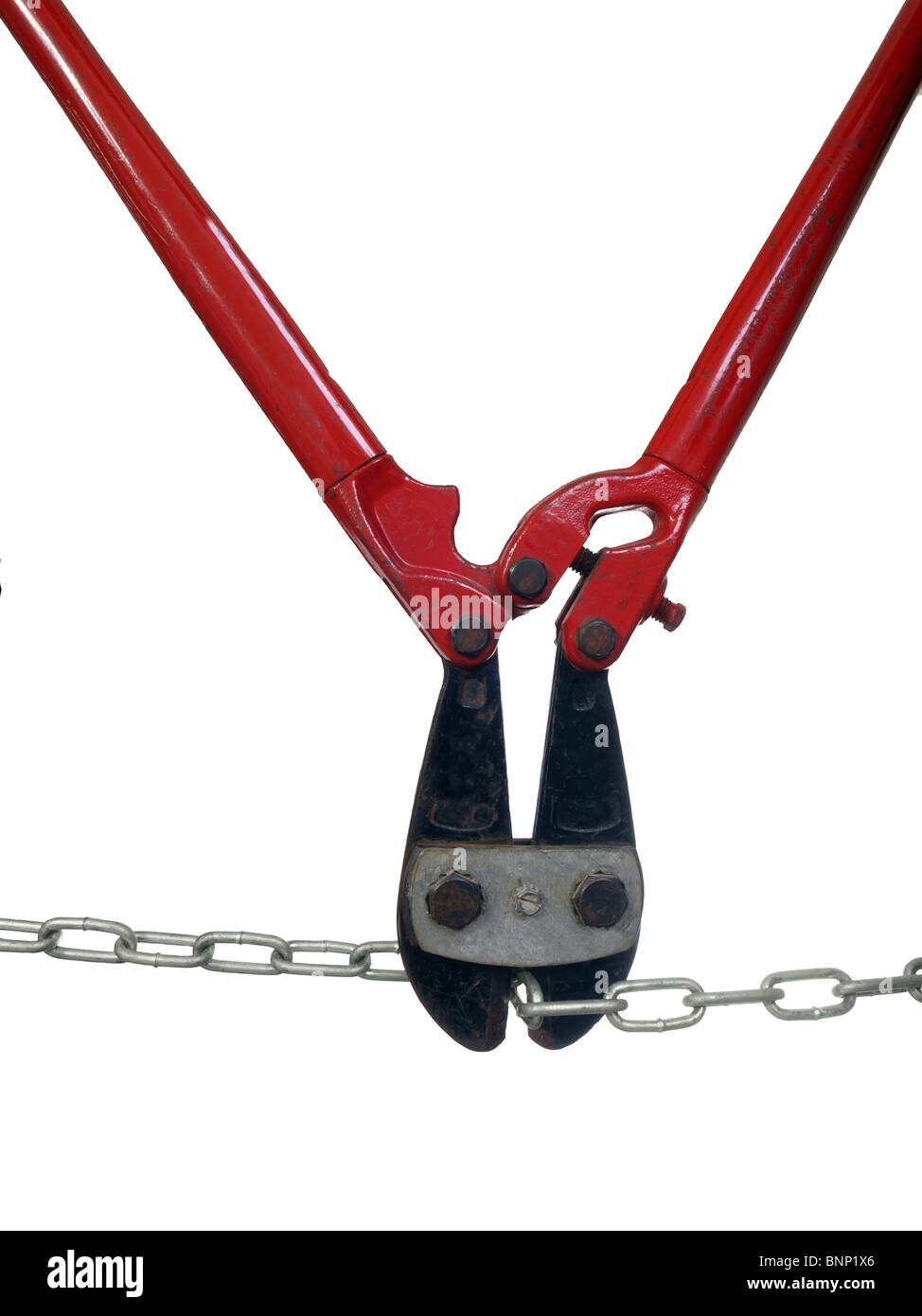 Bolt Cutters mange une chaîne métallique avec facilité. Banque D'Images