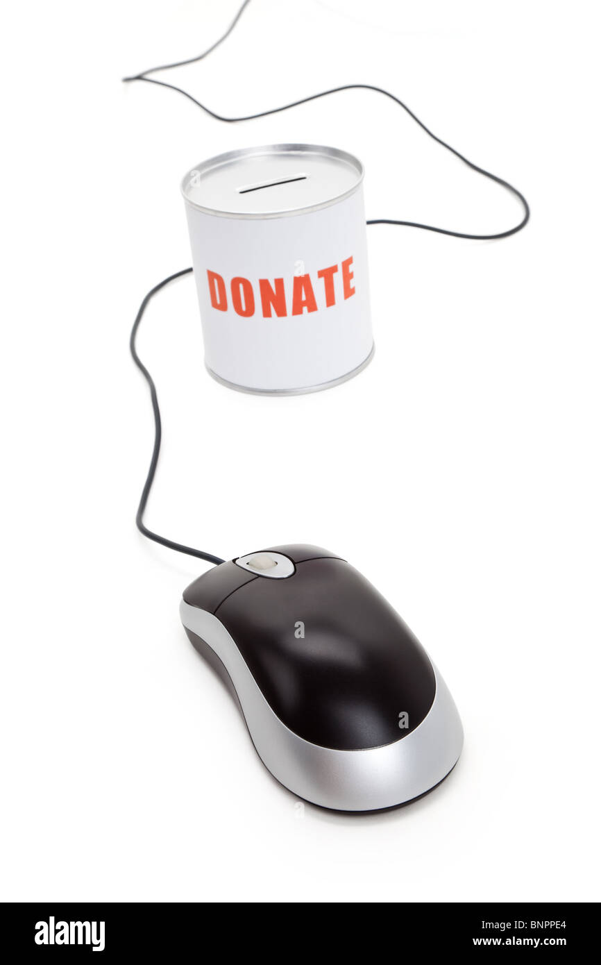 Boîte de donation et souris d'ordinateur, concept de soins et d'amour Banque D'Images