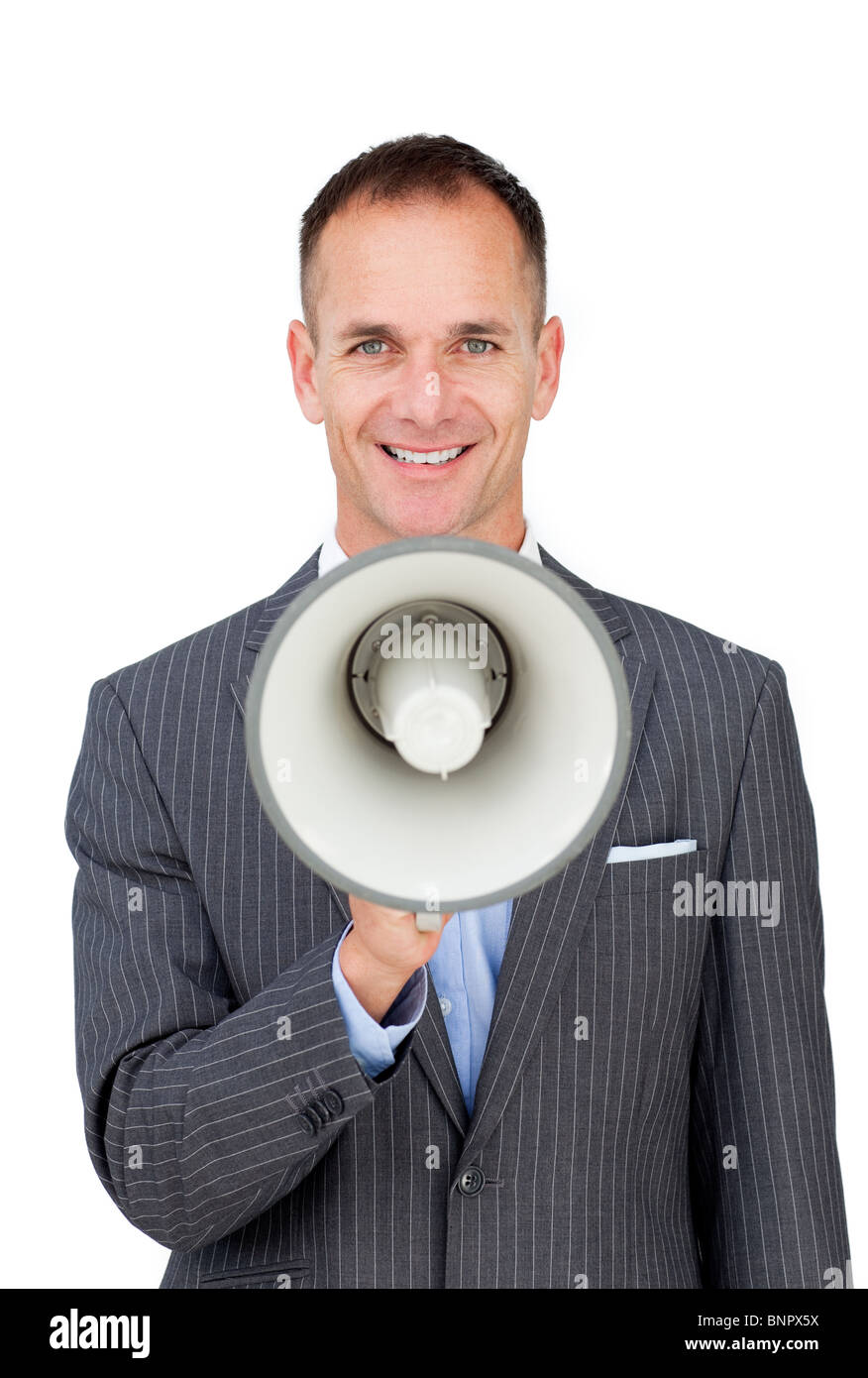 Confident businessman holding a megaphone Banque D'Images