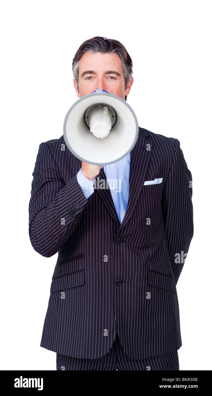 Confident businessman rowing through a megaphone Banque D'Images