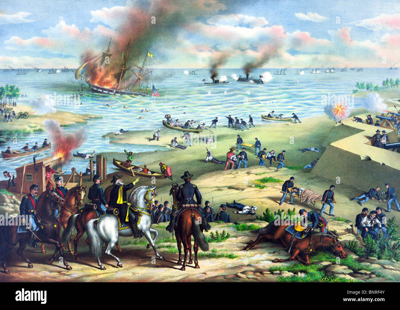 Tirage d'époque représentant la bataille du moniteur et Merrimack dans la guerre de Sécession - première bataille navale entre cuirassés. Banque D'Images