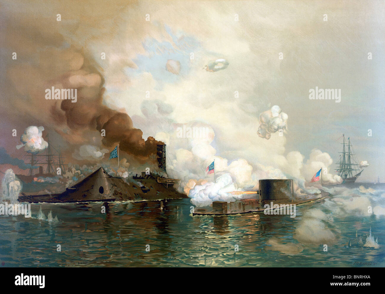 Tirage d'époque représentant la bataille du moniteur et Merrimack dans la guerre de Sécession - première bataille navale entre cuirassés. Banque D'Images