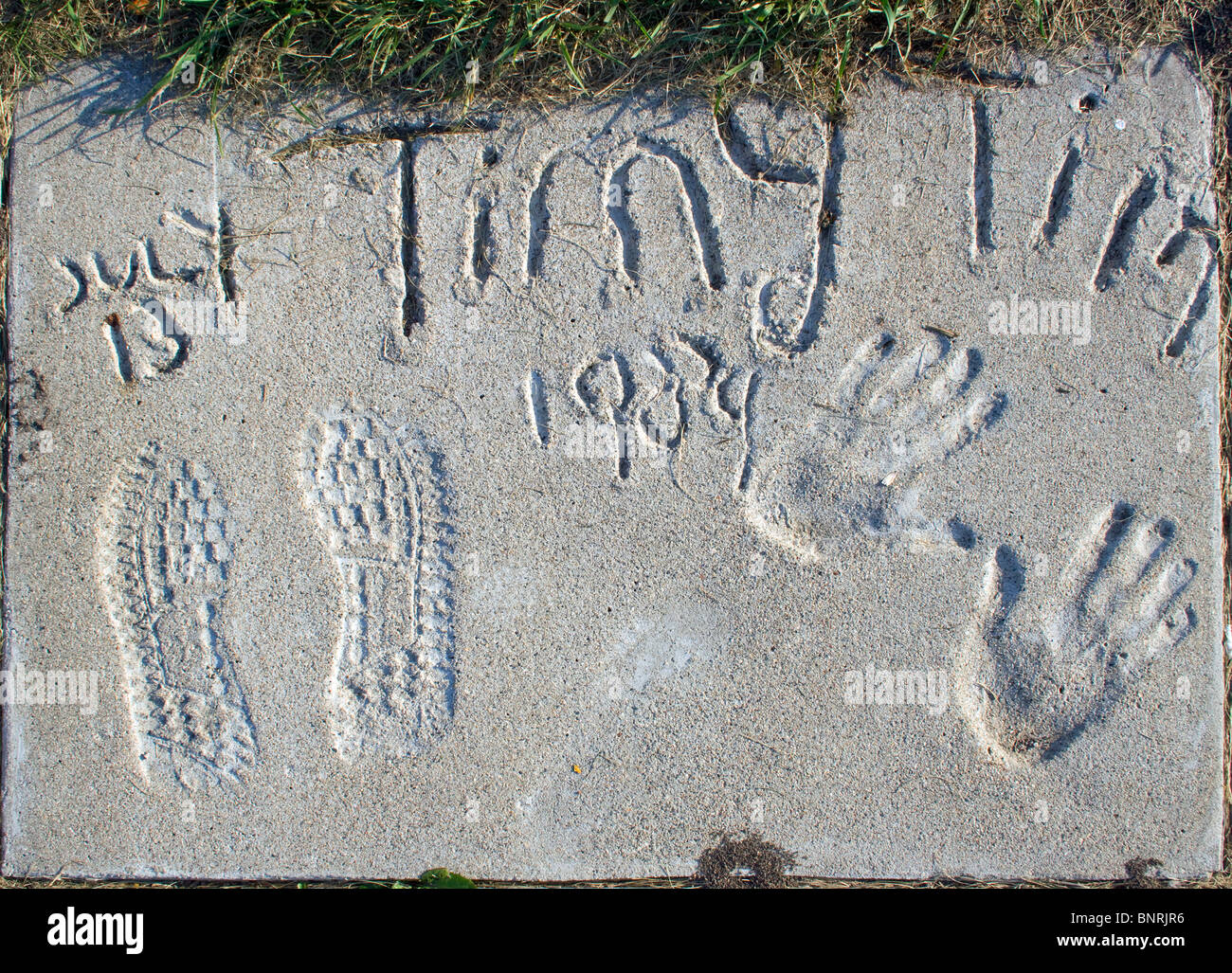 Les empreintes de mains et de pas de Tiny Tim au Walk of Fame de Fargo, Dakota du Nord, rendent hommage à l’impact durable du musicien excentrique sur la culture pop. Banque D'Images