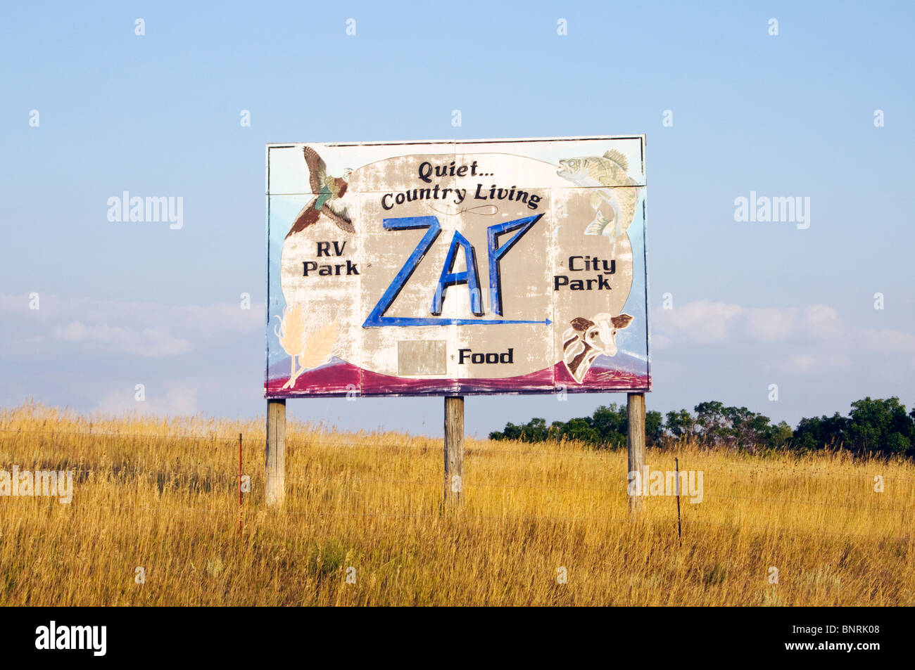 Bienvenue à Zap, Dakota du Nord - une petite ville au charme immense, célèbre pour son nom original et son hospitalité amicale du Midwest. Banque D'Images