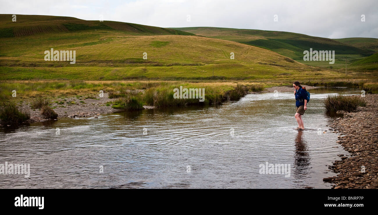 Female hiker traversant la rivière Elan sur l'ancien sentier des Moines foulèrent Wales UK Banque D'Images