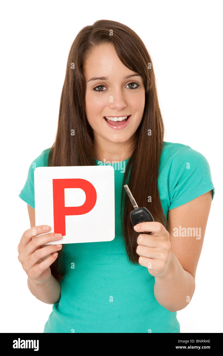 Girl holding an Australian P signe et clé de voiture Banque D'Images