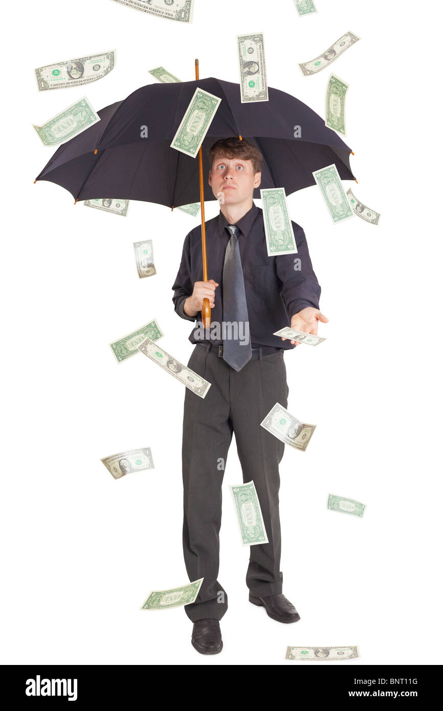 L'homme est venu sous la pluie d'argent Banque D'Images
