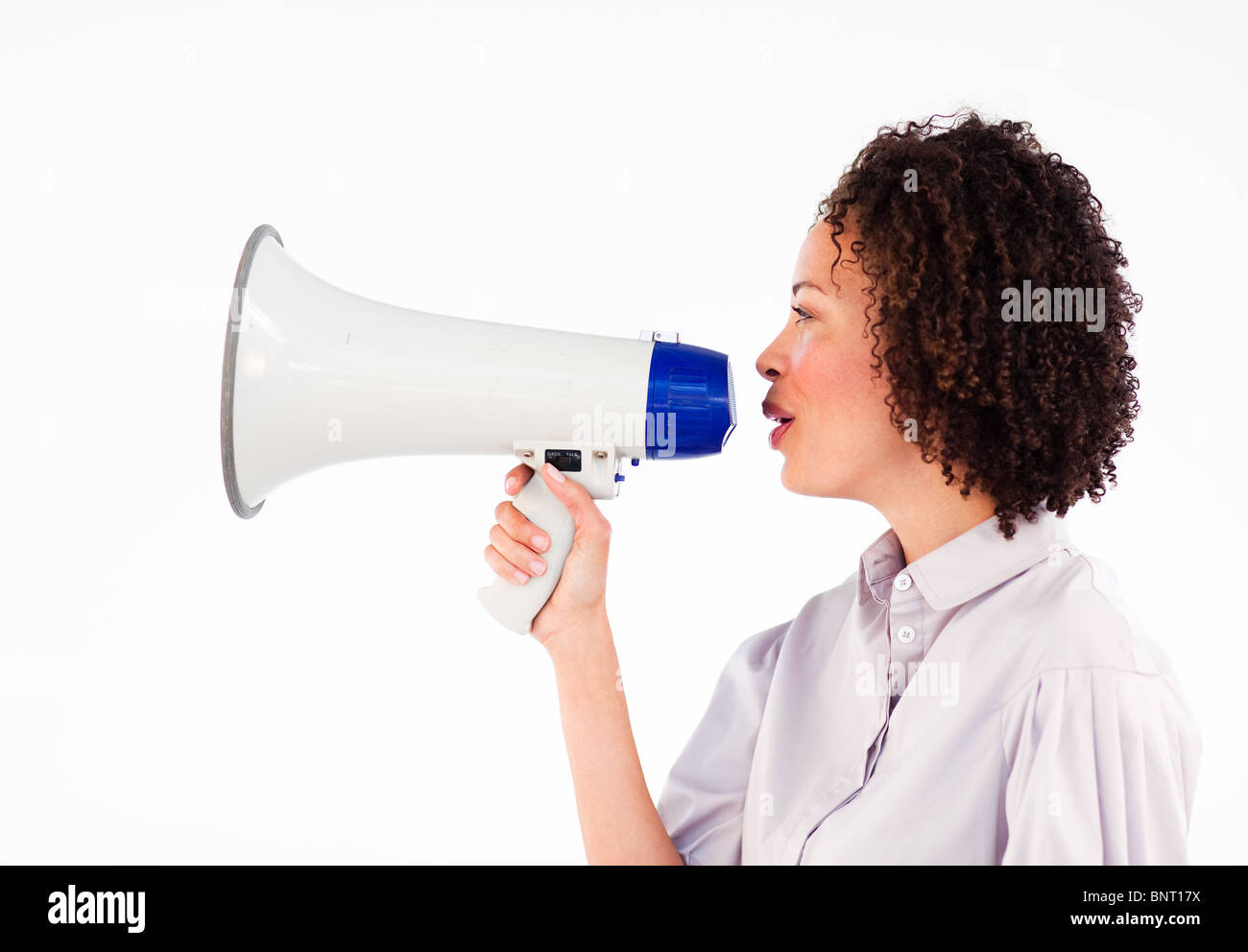Shoutng par mégaphone Businesswoman Banque D'Images