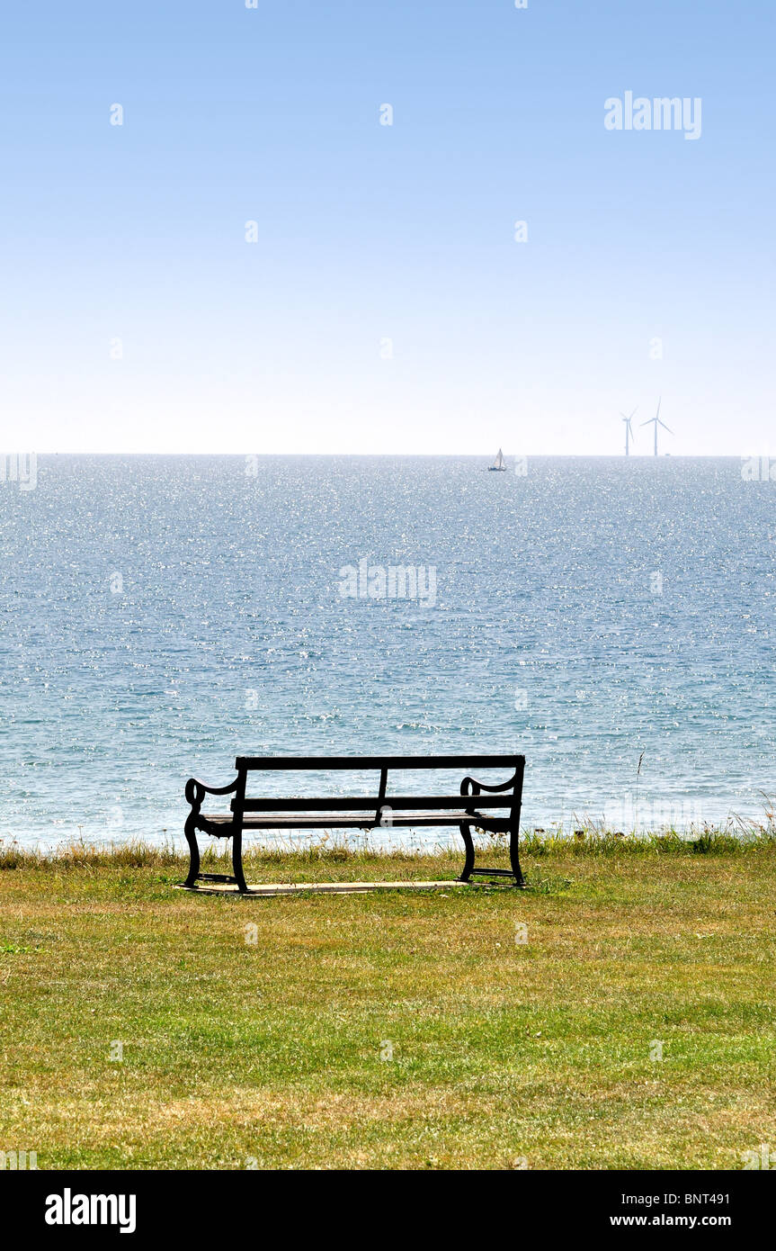 Banc vide sur l'herbe de la falaise avec vue sur la mer en arrière-plan Banque D'Images
