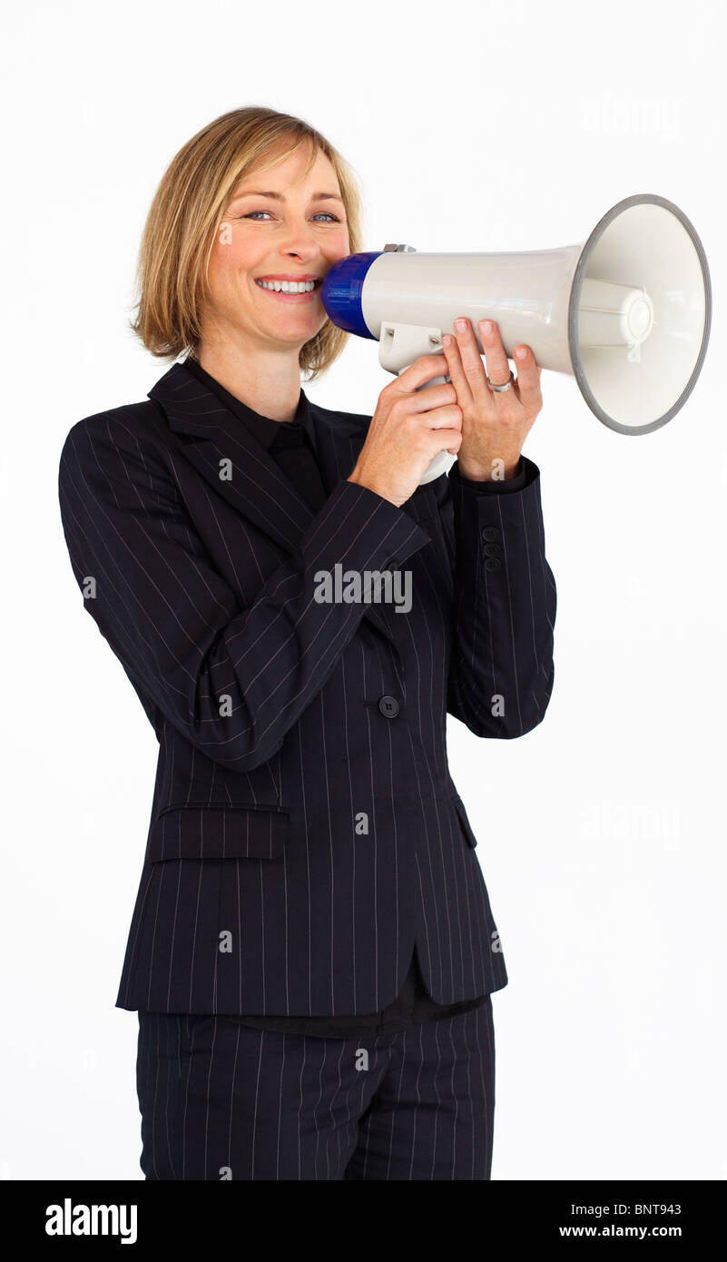 Femme mature avec un mégaphone Banque D'Images