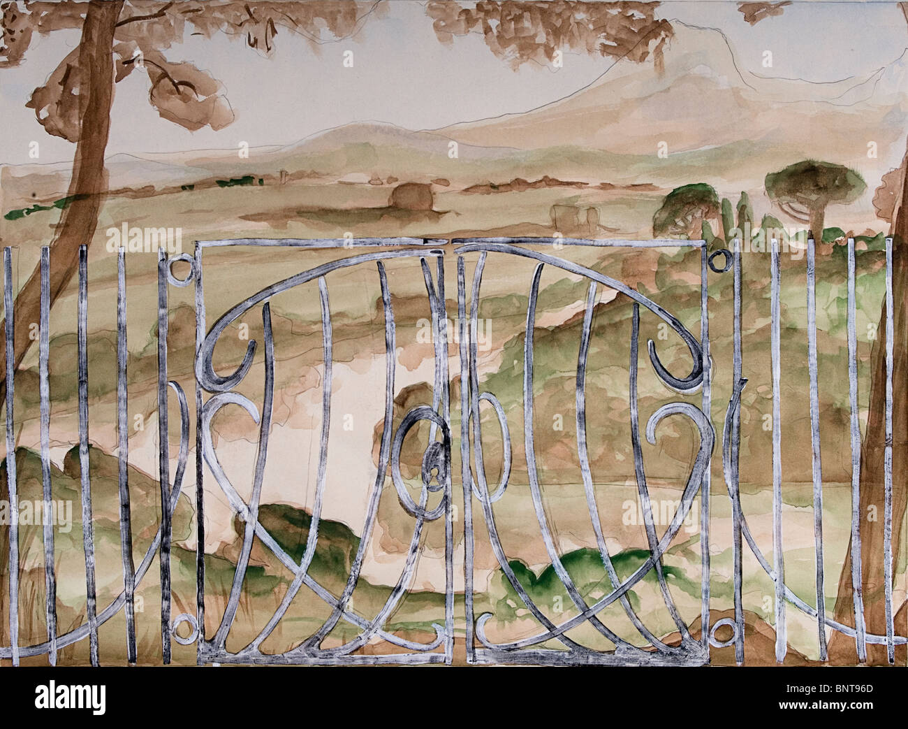 Une douce aquarelle représentant un paysage avec le Tibre et un fer à repasser paling, aquarelle peinte ; photo peinte à la main. Banque D'Images