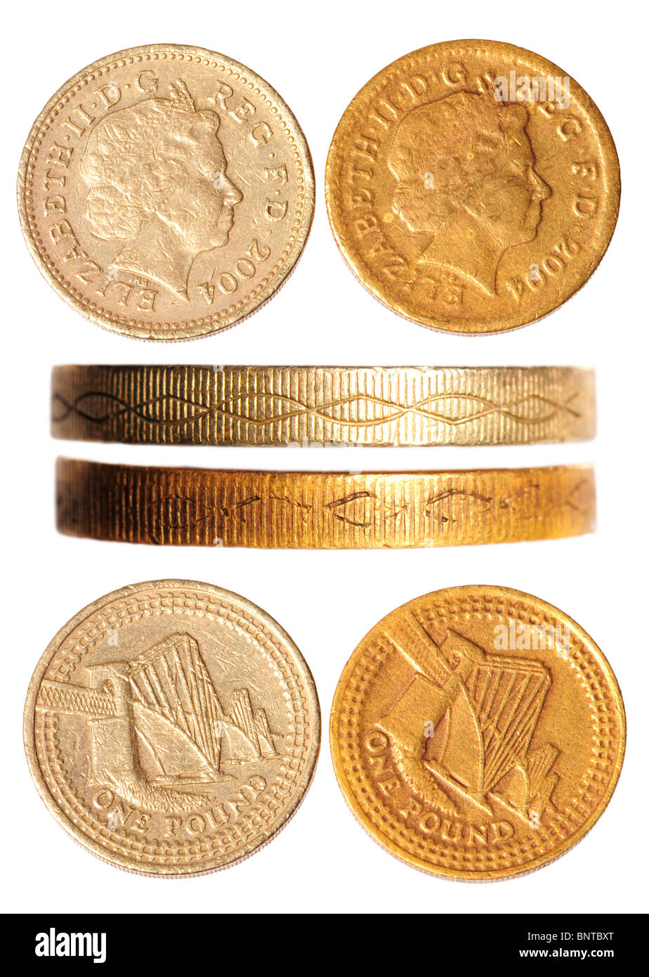 (L'origine) et des faux (r) 2004 British £1 pièces, présentant des différences de couleur, de détail et de l'alignement Banque D'Images